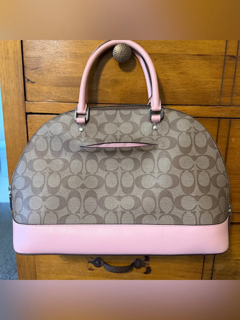 Coach Sierra Pink Trim Brown Signature Dome Satchel